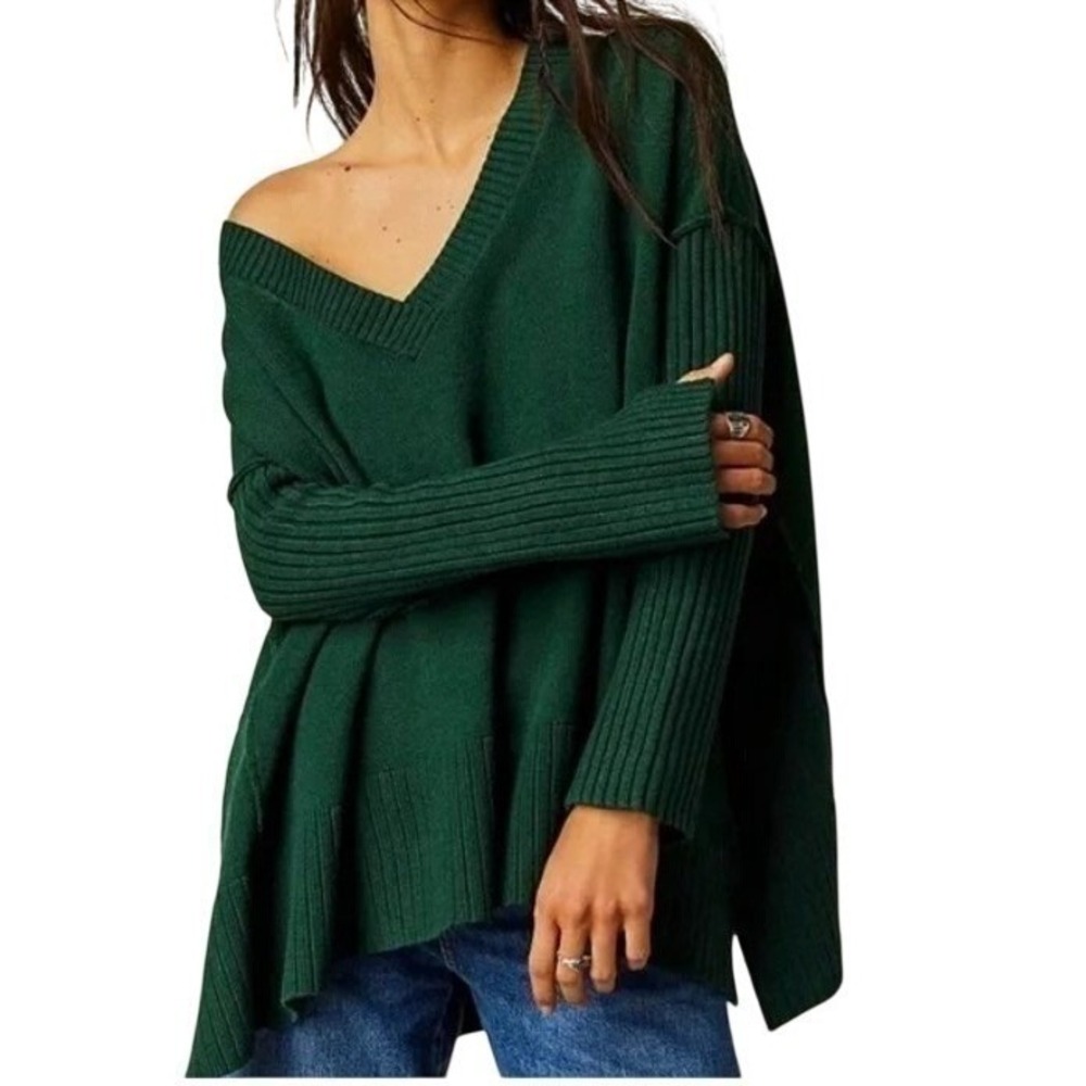 Free People Large Orion A-Line Long Sleeve Oversized Sweater Green Forest NWT